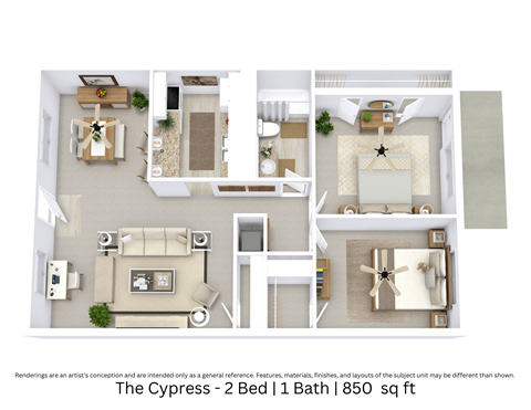 Floor plan for 2 beds, 1 bath, 830 sqft